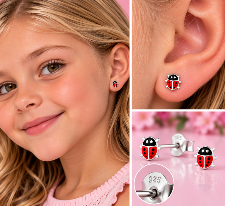 Joy|S - Zilveren lieveheersbeestje oorbellen - 7 x 6 mm - rood - sterling zilver 925 - kinderoorbellen