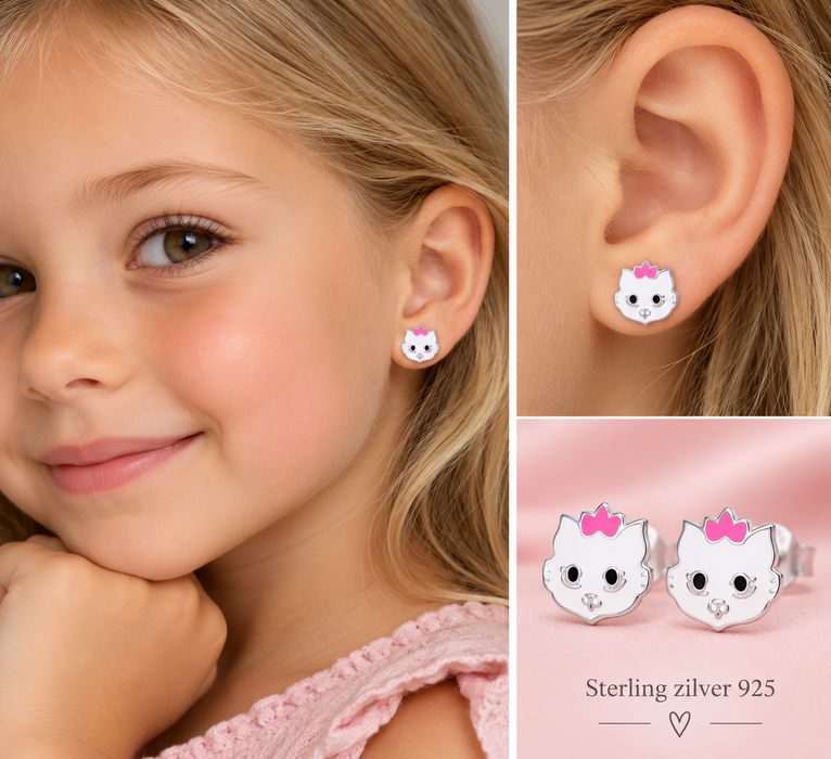 Joy|S - Zilveren kat poes oorbellen - wit met roze - 10 x 8 mm