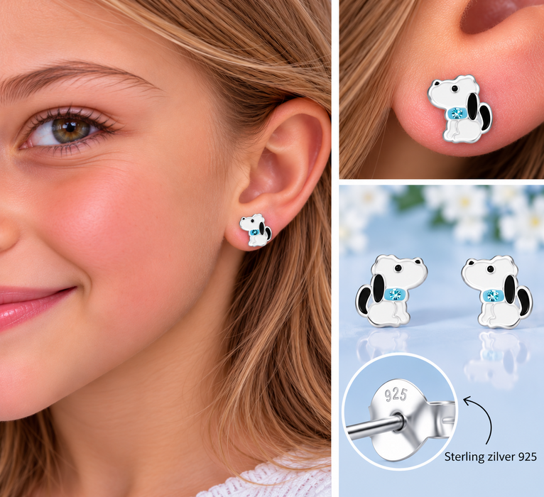 Joy|S - Zilveren hond oorbellen - 7 x 8 mm - wit met blauw en blauw kristal - hondje met blauw halsbandje - sterling zilver 925 - kinderoorbellen