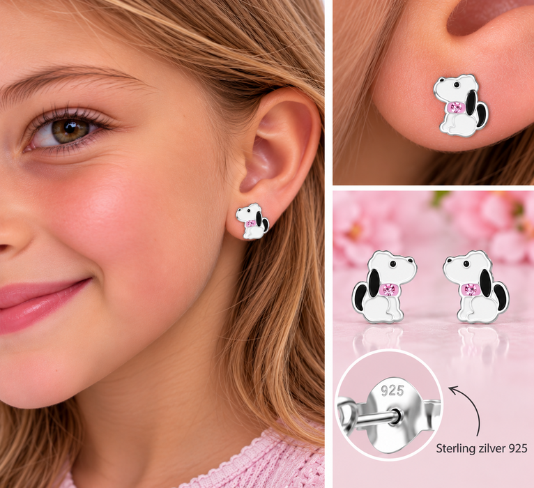 Joy|S - Zilveren hond oorbellen - 7 x 8 mm - wit met roze en roze kristal - hondje met roze halsbandje - kinderoorbellen - sterling zilver 925