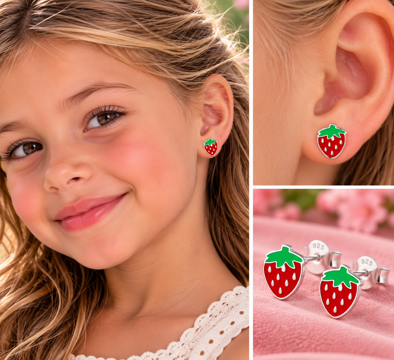 Joy|S -  Zilveren aarbei oorbellen - 7 x 8 mm - rood groen zilver - kinderoorbellen