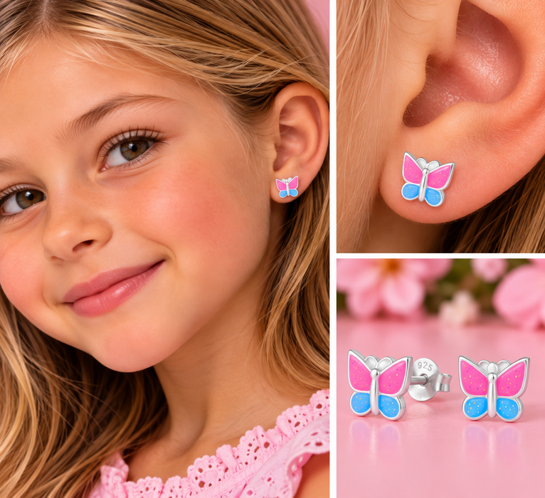Joy|S - Zilveren vlinder oorbellen - 7 x 6 mm - glitter roze blauw