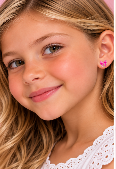 Joy|S - Zilveren strikje oorbellen - 8 mm - roze - sterling zilver 925 - kinderoorbellen