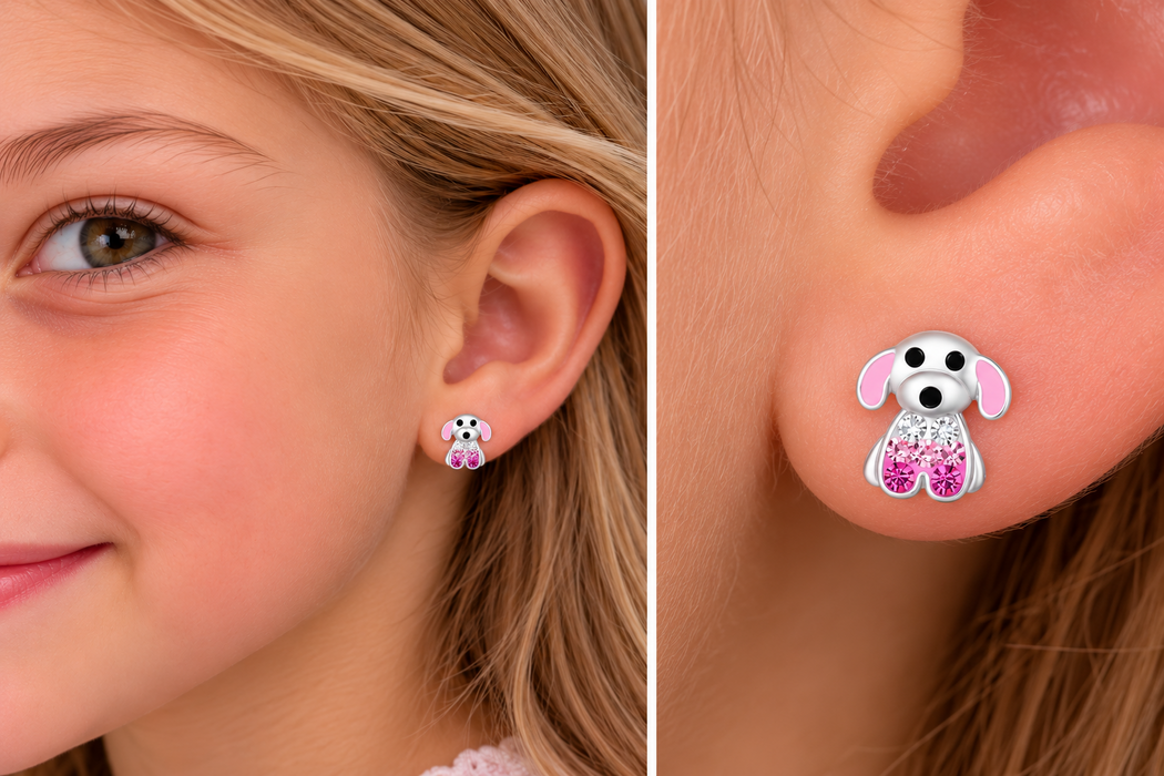 Joy|S - Zilveren hond oorbellen - zilver met roze oortjes en roze kristalletjes - 8 x 8 mm - kinderoorbellen
