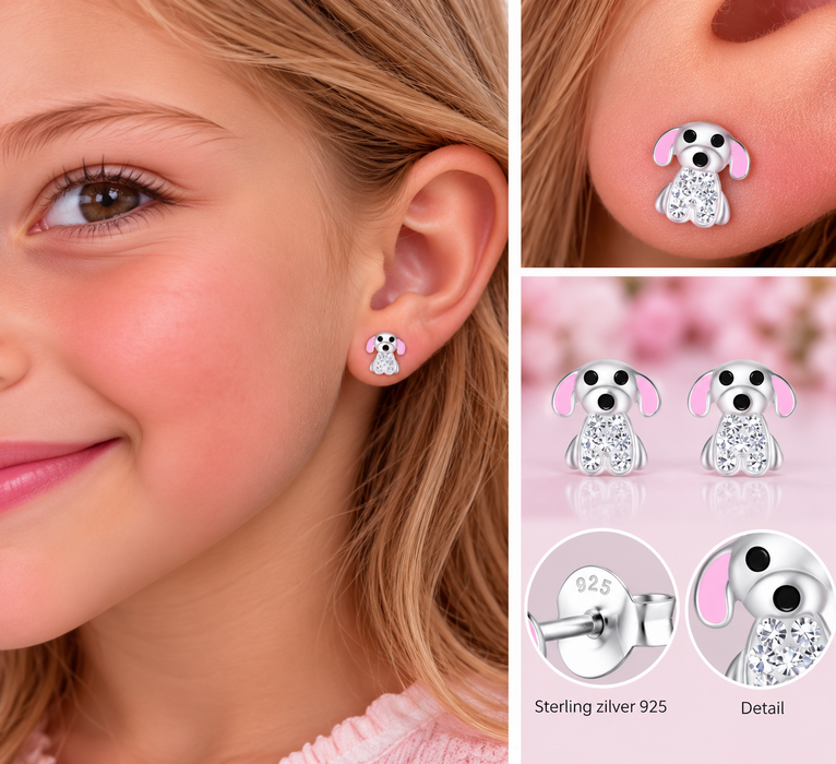 Joy|S - Zilveren hond oorbellen - zilver met roze oortjes en kristalletjes - 8 x 8 mm - kinderoorbellen
