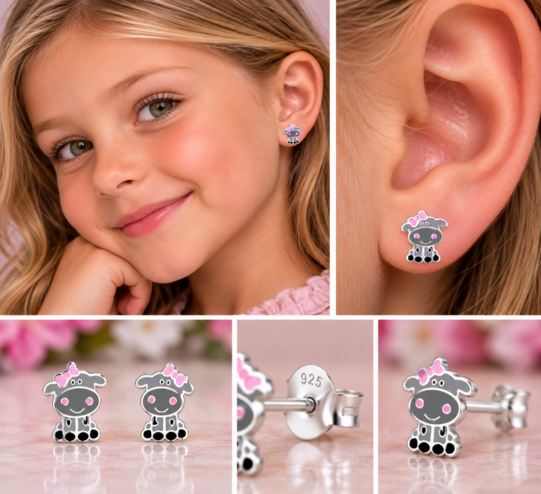 Joy|S - Zilveren koe oorbellen - 6 x 9 mm - grijs met roze strikje - kinderoorbellen