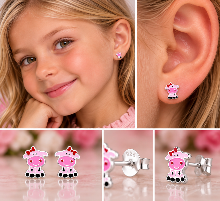 Joy|S - Zilveren koe oorbellen - 6 x 9 mm - roze met rood strikje - kinderoorbellen