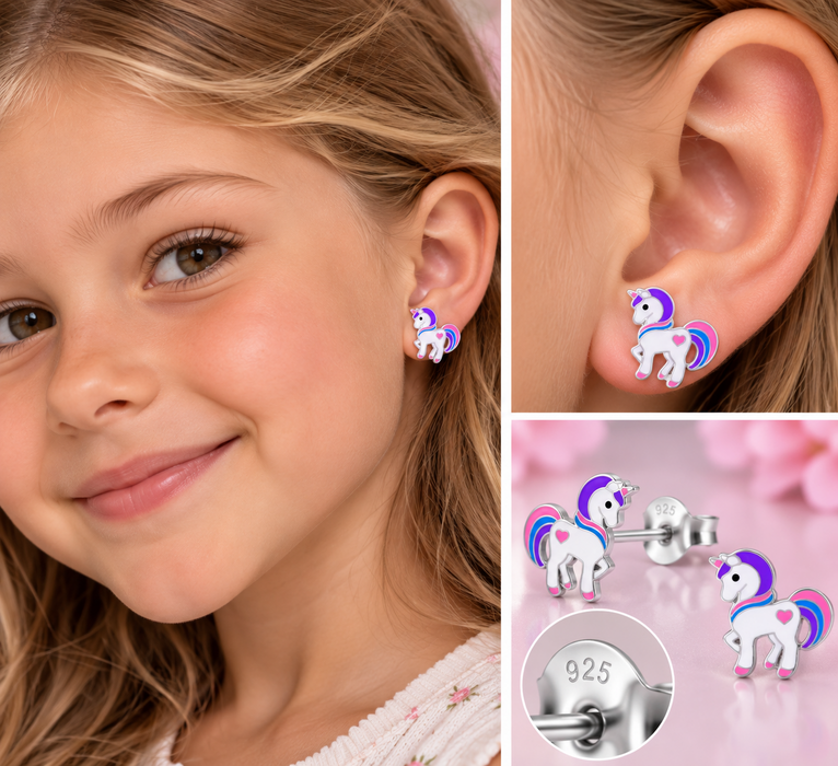 Joy|S - Zilveren eenhoorn oorbellen - pony oorknoppen - 10 x 13 mm - unicorn kinderoorbellen - sterling zilver 925