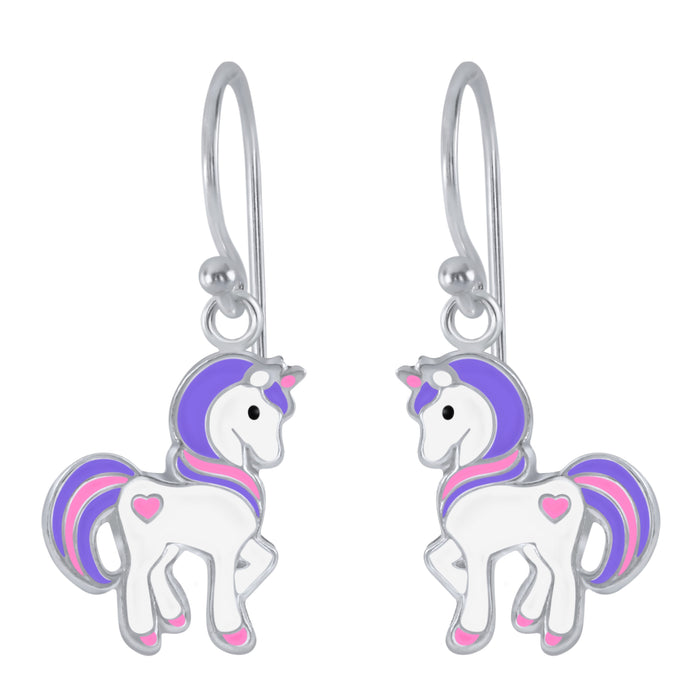 Joy|S - Zilveren pony oorbellen eenhoorn oorhangers unicorn paars roze