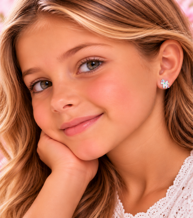 Joy|S - Zilveren eenhoorn oorbellen - glitter - unicorn met vleugeltjes - 9 mm - kinderoorbellen - sterling zilver 925