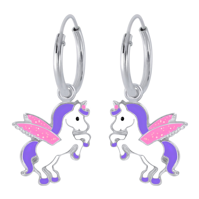 Joy|S - Zilveren unicorn bedel oorbellen met glitter vleugeltjes eenhoorn oorringen