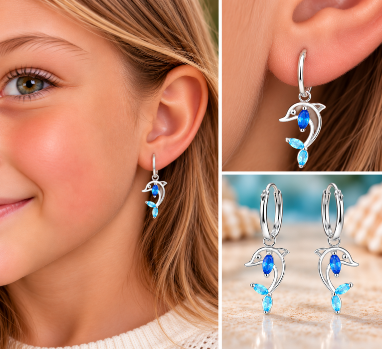 Joy|S - Zilveren dolfijn bedel oorbellen - oorringen - zirkonia blauw - sterling zilver 925