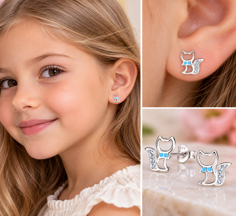 Joy|S - Zilveren kat poes oorbellen - zilver met turquoise blauw strikje - 9 mm - kristal