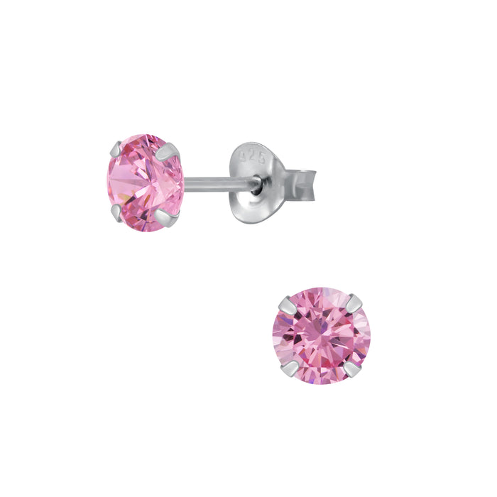 Joy|S - Zilveren ronde oorbellen - 5 mm zirkonia - roze oorknoppen