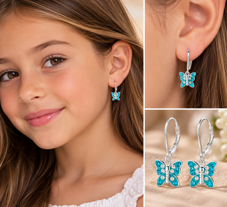 Joy|S - Zilveren vlinder bedel oorbellen - Blauw groen met turquoise kristal - brisure / leverback sluiting