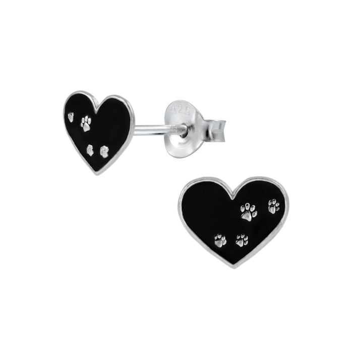 Joy|S - Zilveren hartje oorbellen 9 x 8 mm zwart met dierenpootjes