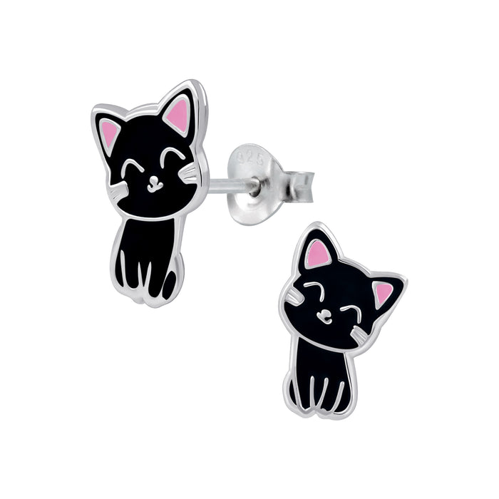 Joy|S - Zilveren kat poes oorbellen 8 x 12 mm zwart