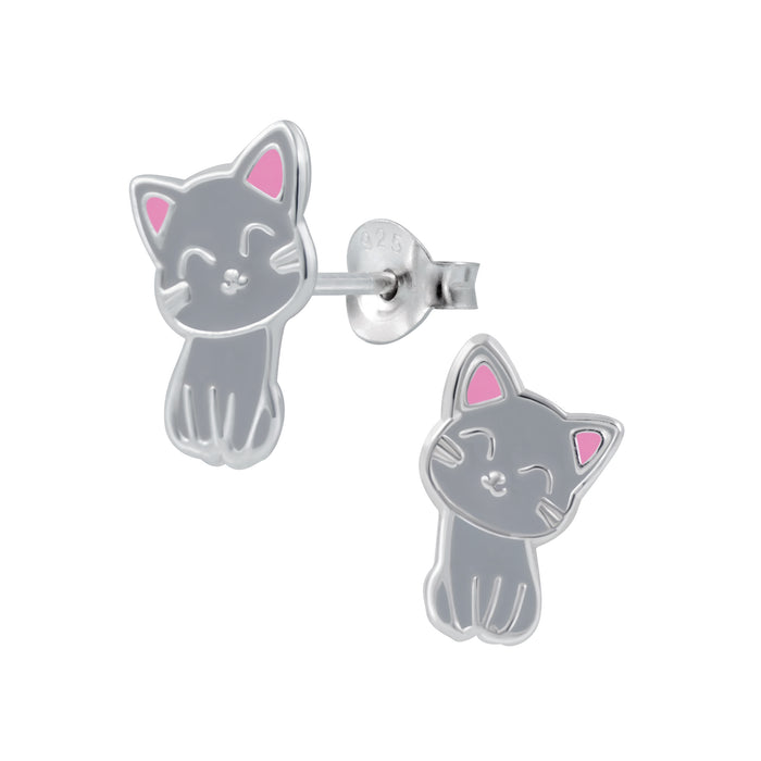 Joy|S - Zilveren kat poes oorbellen 8 x 12 mm grijs