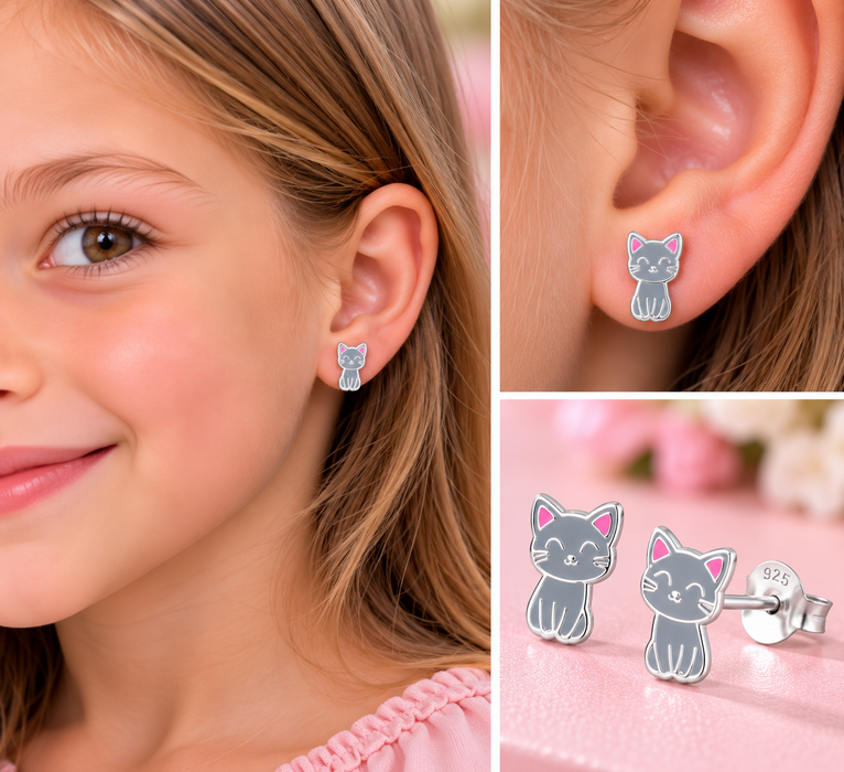 Joy|S - Zilveren kat poes oorbellen - 8 x 12 mm - grijs met roze oortjes - sterling zilver 925 - kinderoorbellen