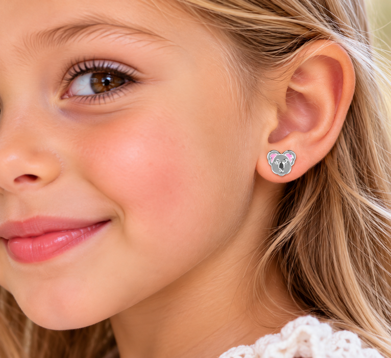 Joy|S - Zilveren koala oorbellen - grijs met roze oortjes - 8 x 7 mm - kristal - kinderoorbellen