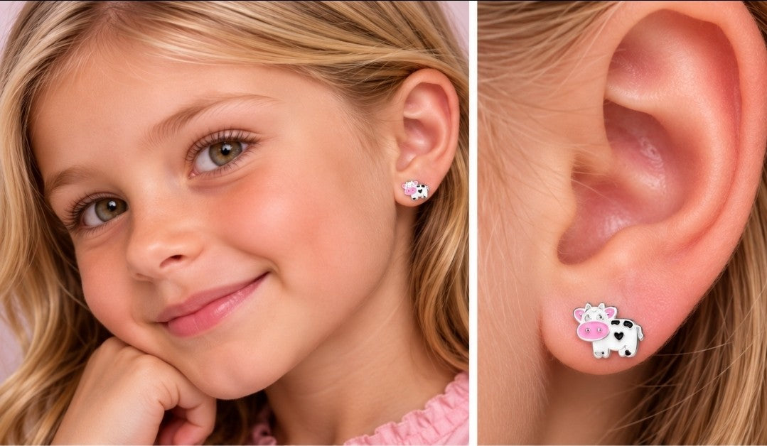 Joy|S - Zilveren koe oorbellen - 8 x 6 mm - zwart wit roze - kinderoorbellen