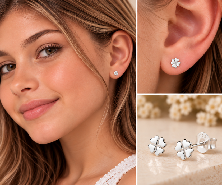 Joy|S - Zilveren klaver oorbellen - 6 mm - hartjes blad - klavertje vier - oorknopjes - massief - sterling zilver 925