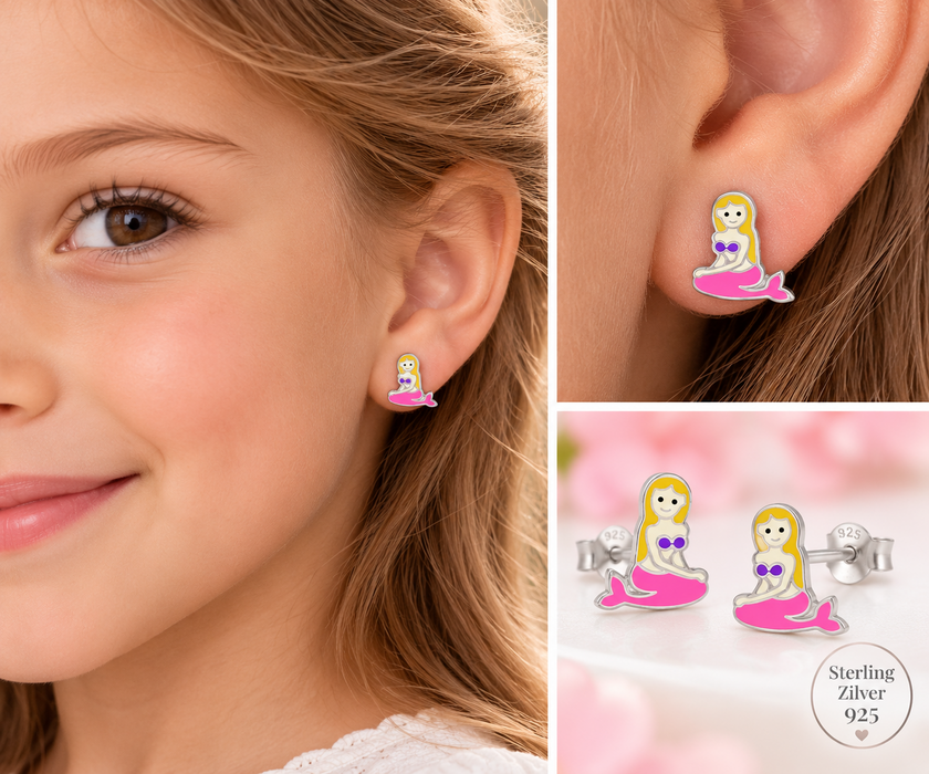 Joy|S - Zilveren zeemeermin oorbellen - gele haartje en roze staart - sterling zilver 925 - kinderoorbellen