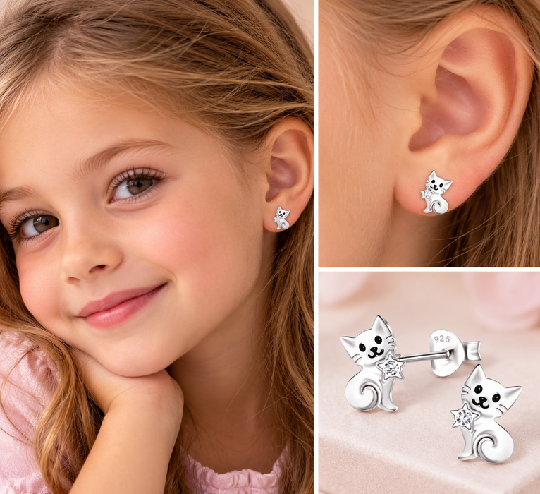 Joy|S - Zilveren kat poes oorbellen - zilver met ster - 7 x 9 mm - sterling zilver 925