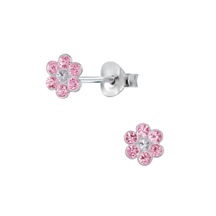 Joy|S - Zilveren roze bloem oorbellen - 5 mm - kristal