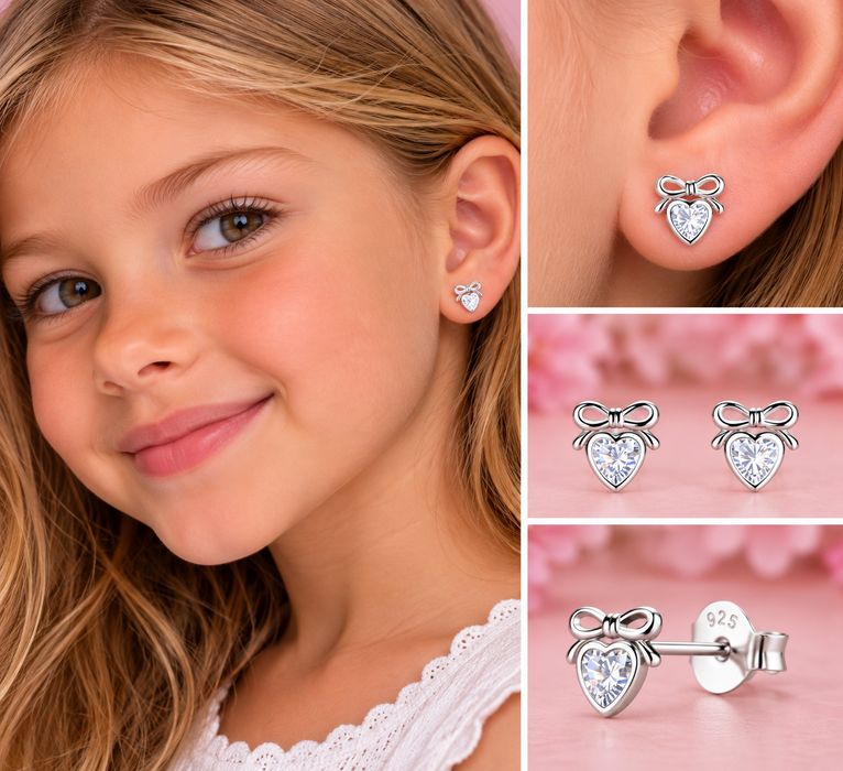 Joy|S - Zilveren hartje met strikje oorbellen - zilver met zirkonia - 6 x 6 mm - sterling zilver 925