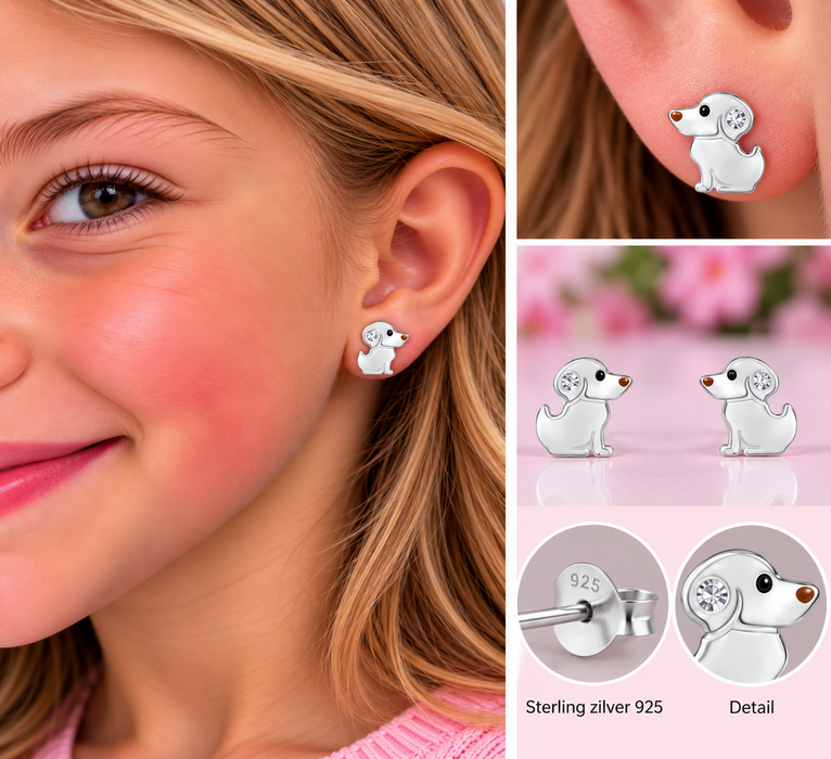 Joy|S - Zilveren hond oorbellen - zilver met bruin neusje - 7 x 9 mm - kristal - sterling zilver 925