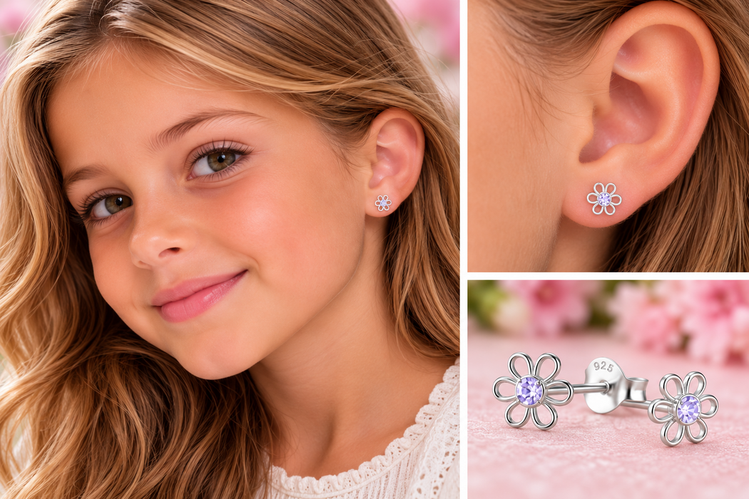 Joy|S - Zilveren bloem oorbellen - 6 mm - bloemetjes met paars / lila kristal - oorknopjes - sterling zilver 925