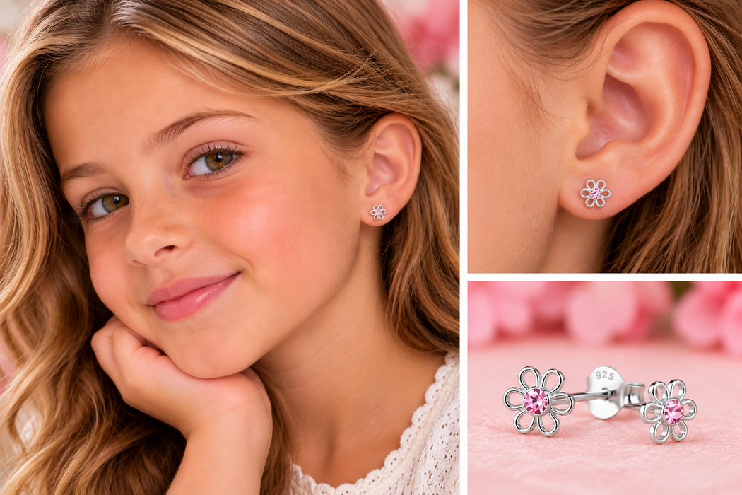 Joy|S - Zilveren bloem oorbellen - 6 mm - bloemetjes met roze kristal - oorknopjes - sterling zilver 925