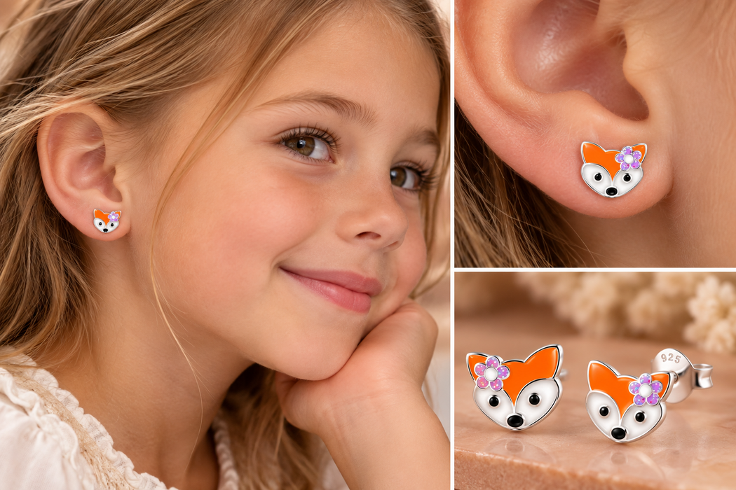 Joy|S - Zilveren vos oorbellen - vosje met paars bloemetje - 7 x 6 mm - kinderoorbellen - sterling zilver 925
