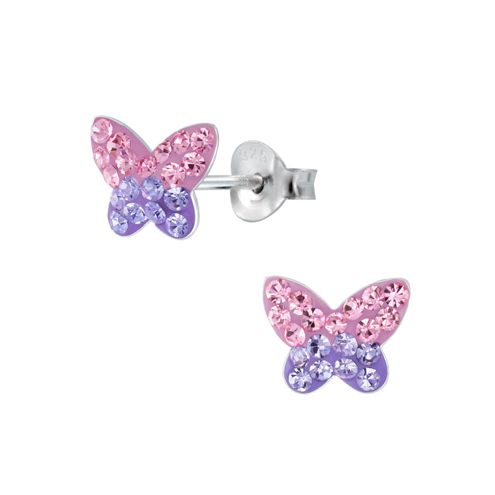 Joy|S - Zilveren vlinder oorbellen 8 x 9 roze paars kristal