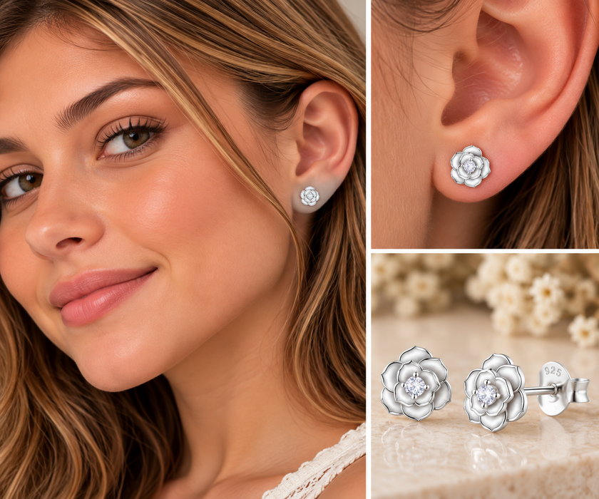 Joy|S - Zilveren bloem oorbellen - 9 mm - zirkonia - massief - sterling zilver 925 - elegante roos oorknoppen - t32