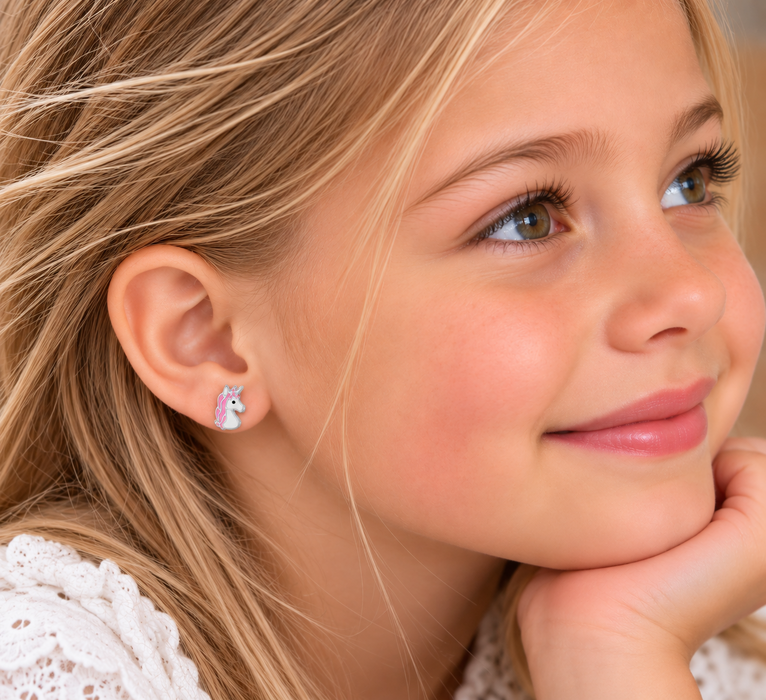 Joy|S - Zilveren eenhoorn oorbellen 6 x 8 mm roze unicorn