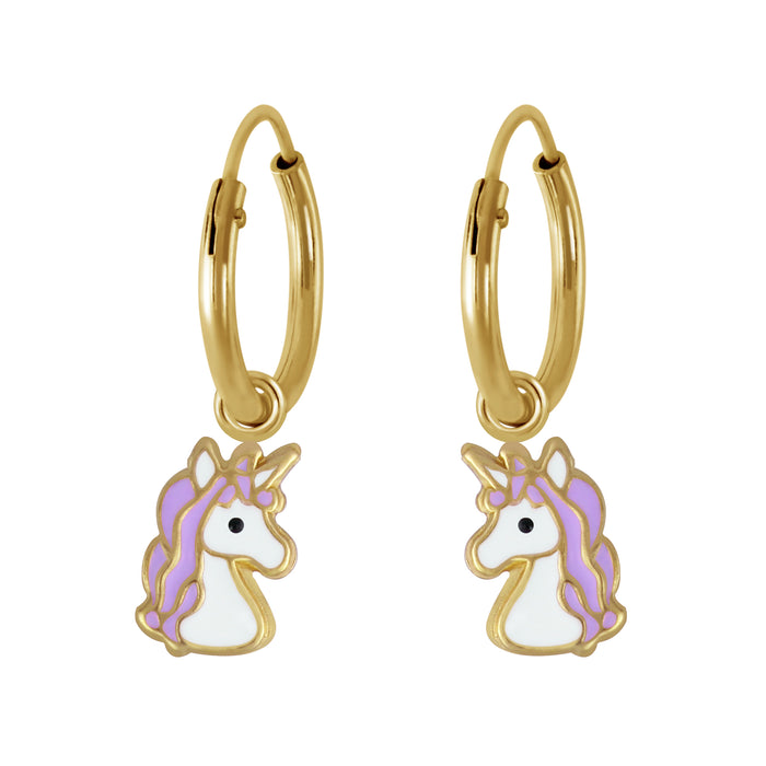 Joy|S - Zilveren eenhoorn oorbellen paars unicorn - goudplating