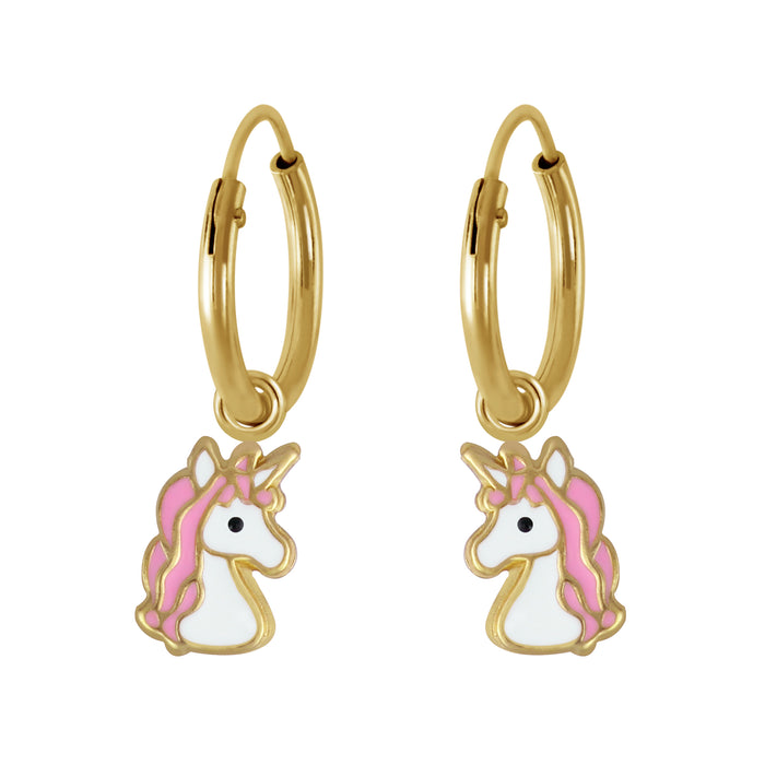 Joy|S - Zilveren eenhoorn oorbellen roze unicorn - goudplating / goldplated