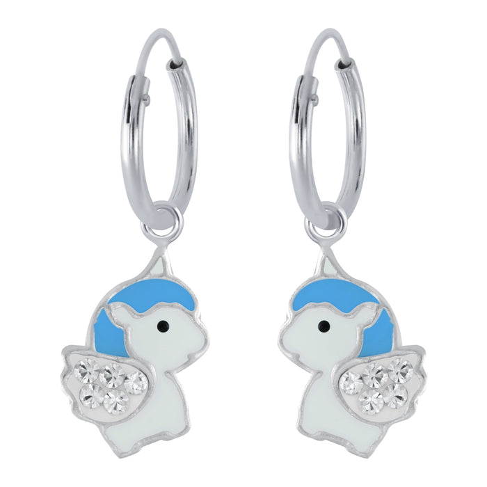 Joy|S - Zilveren baby unicorn oorbellen eenhoorn oorringen blauw kristal wit