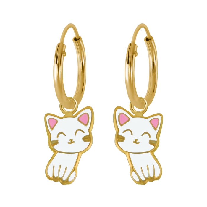Joy|S - Zilveren kat poes bedel oorbellen wit oorringen - goudplating
