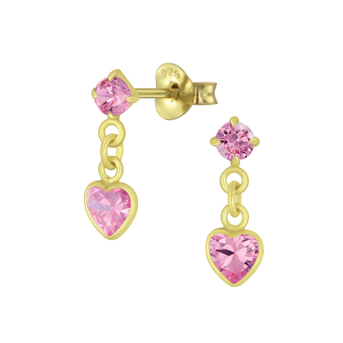 Joy|S - Zilveren petit hartje bedel oorbellen - roze zirkonia - 4 x 13 mm - goudplating