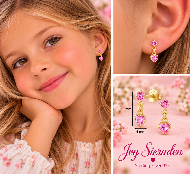 Joy|S - Zilveren petit hartje bedel oorbellen - roze zirkonia - 4 x 13 mm - sterling zilver 925 goldplated - kinderoorbellen