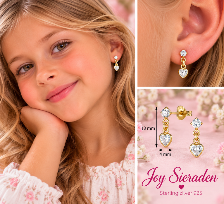 Joy|S - Zilveren petit hartje bedel oorbellen - 4 x 13 mm - zirkonia - sterling zilver 925 goldplated - kinderoorbellen