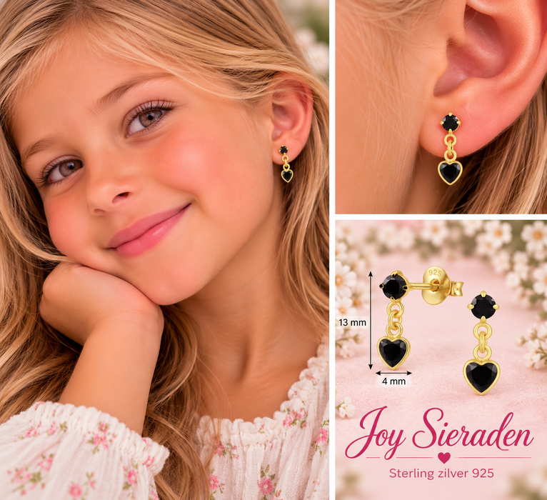 Joy|S - Zilveren petit hartje bedel oorbellen - zwart zirkonia - 4 x 13 mm - sterling zilver 925 goldplated - kinderoorbellen