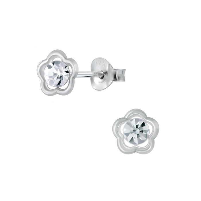 Joy|S - Zilveren bloem oorbellen - 6 mm - kristal