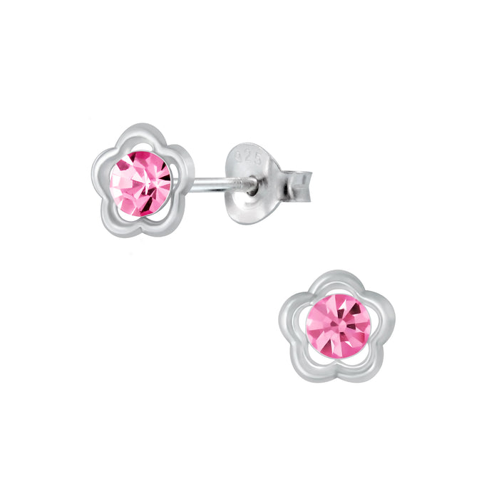Joy|S - Zilveren bloem oorbellen - 6 mm - roze kristal