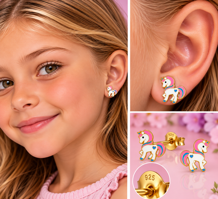 Joy|S - Zilveren pony oorbellen - 10 x 13 mm - eenhoorn oorknoppen - unicorn - gold plated - sterling zilver 925 - kinderoorbellen
