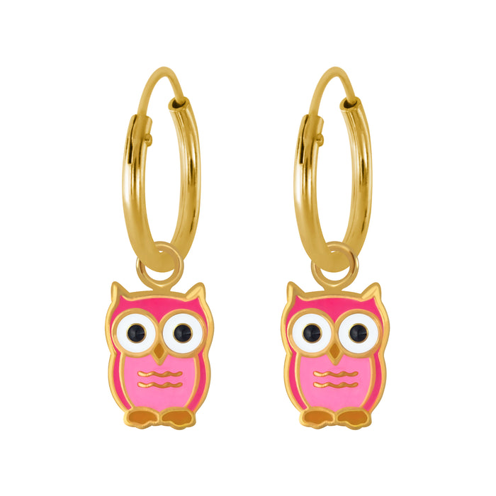 Joy|S - Zilveren uil bedel oorbellen - oorringen - roze uil - goudplating