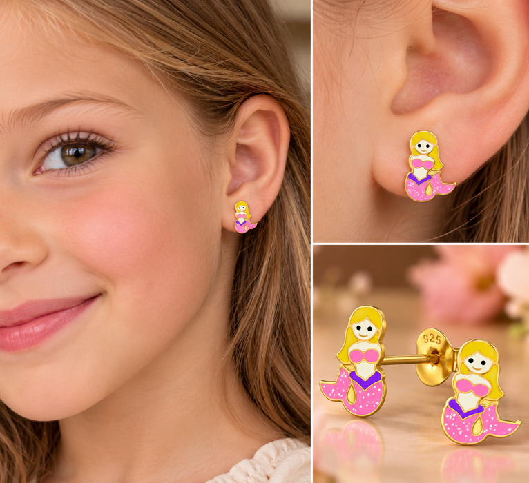 Joy|S - Zilveren zeemeermin oorbellen 8 x 12 mm glitter roze - goudplating
